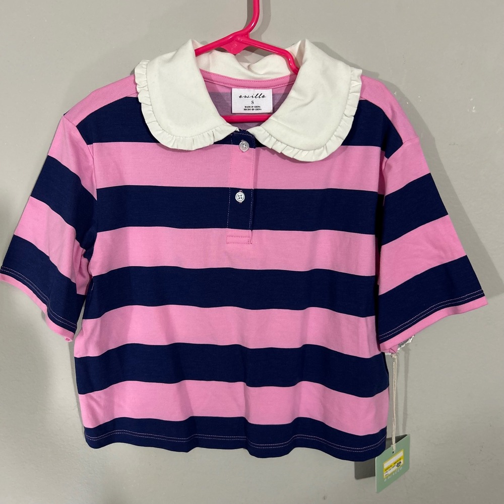 Owillo Polo Shirt Kids Small Pink Navy Blue NWT Ruffle Peter Pan Collar Striped